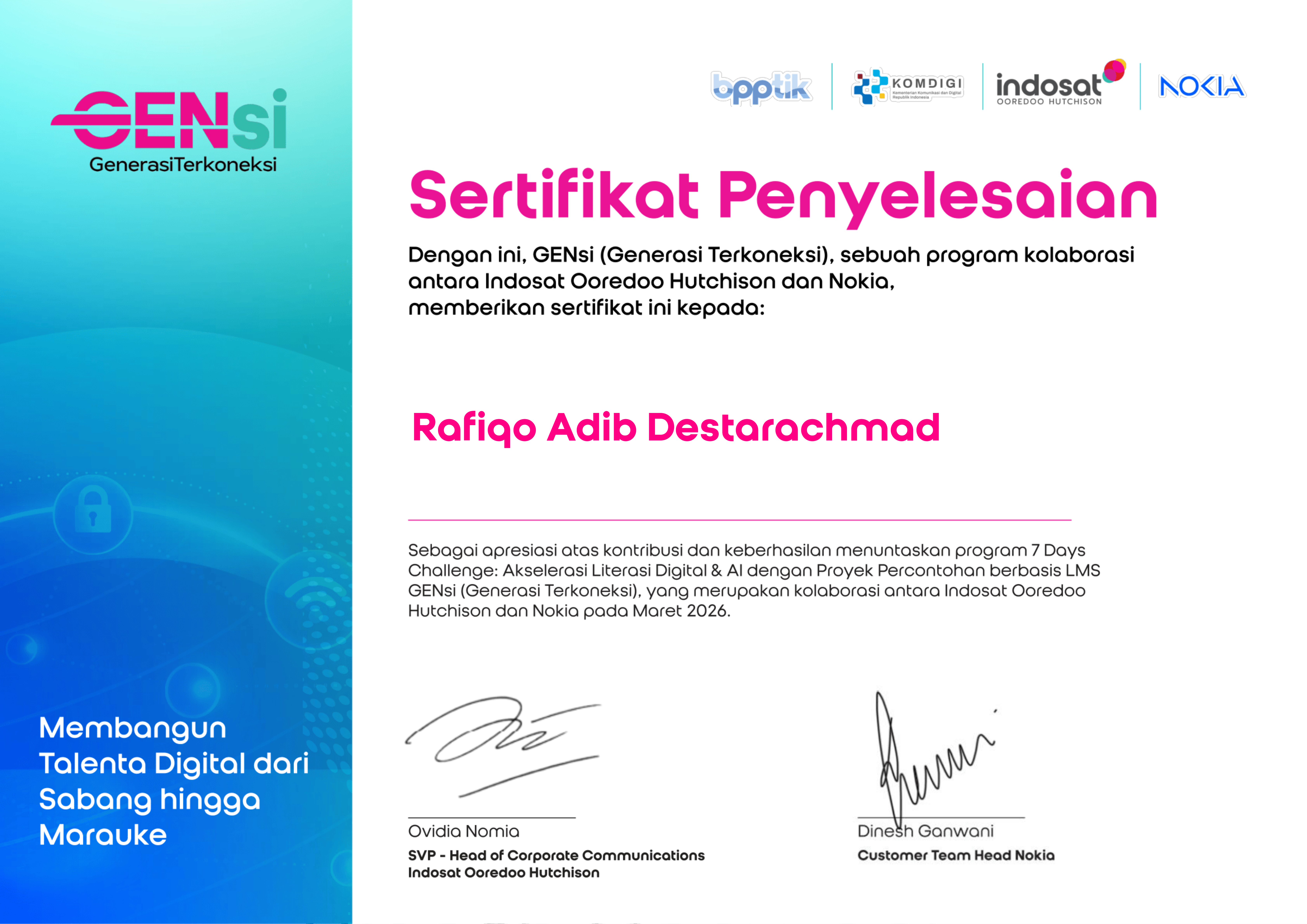 Sertifikat Generasi Terkoneksi GENsi